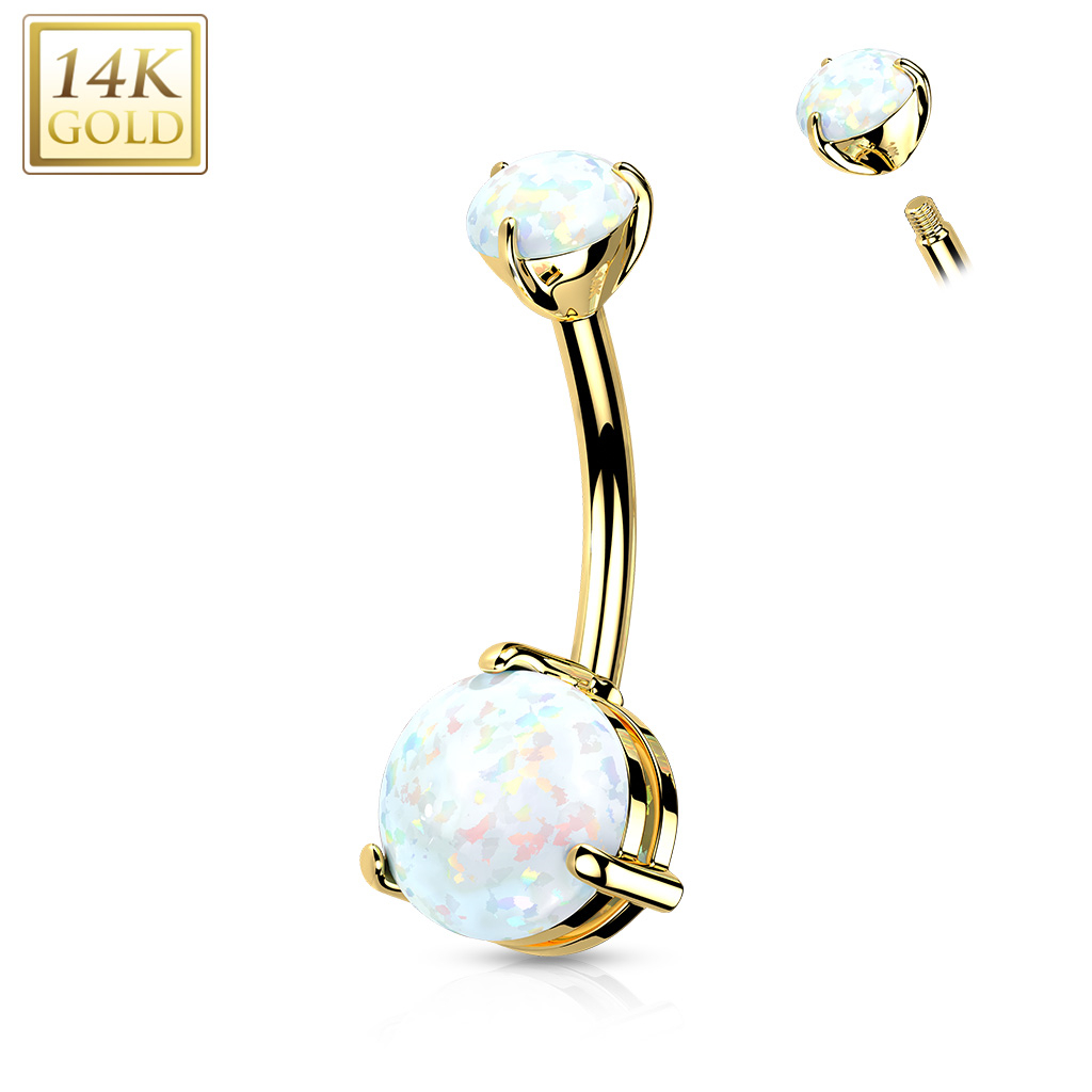 Zlatý piercing do pupku - biely opál, Au 585/1000