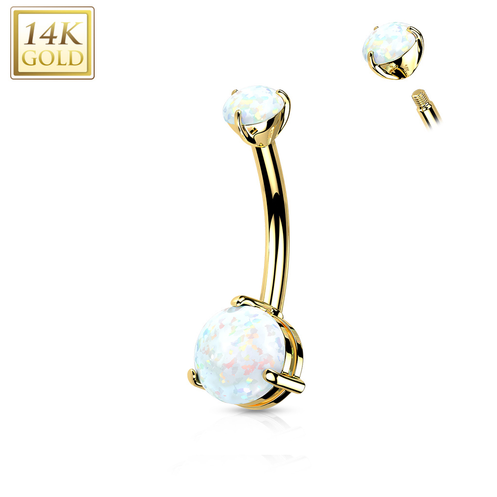 Zlatý piercing do pupku malý - biely opál, Au 585/1000