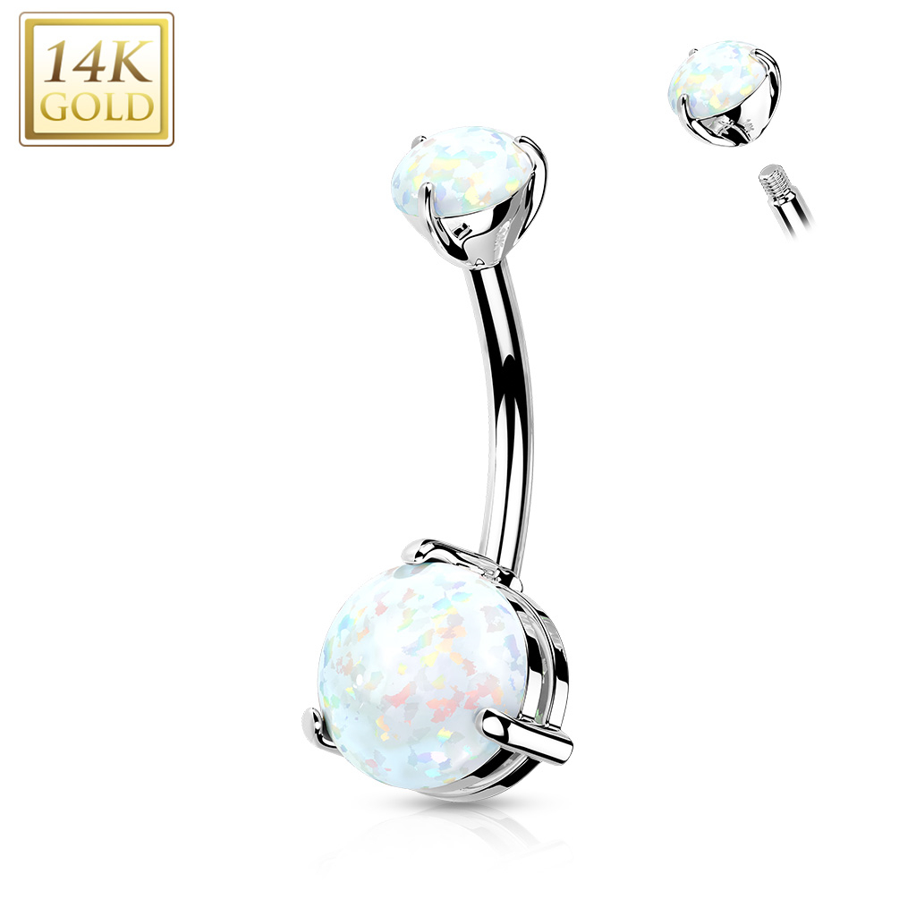 Šperky4U Zlatý piercing do pupíku - bílý opál, Au 585/1000 - ZL01227-OP17WG