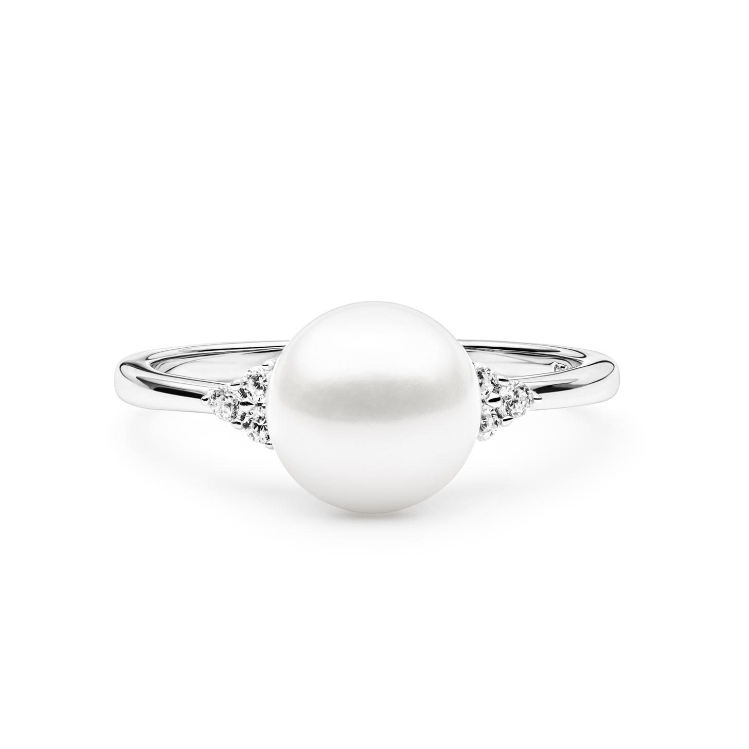 Strieborný prsteň s bielou perlou a zirkónmi