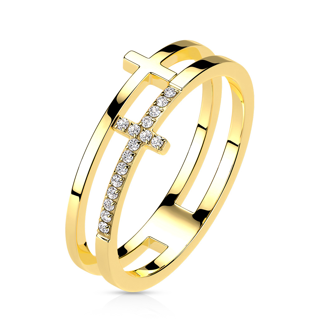 Šperky4U Dvojitý ocelový prsten s křížem - velikost 52 - OPR1871GD-52