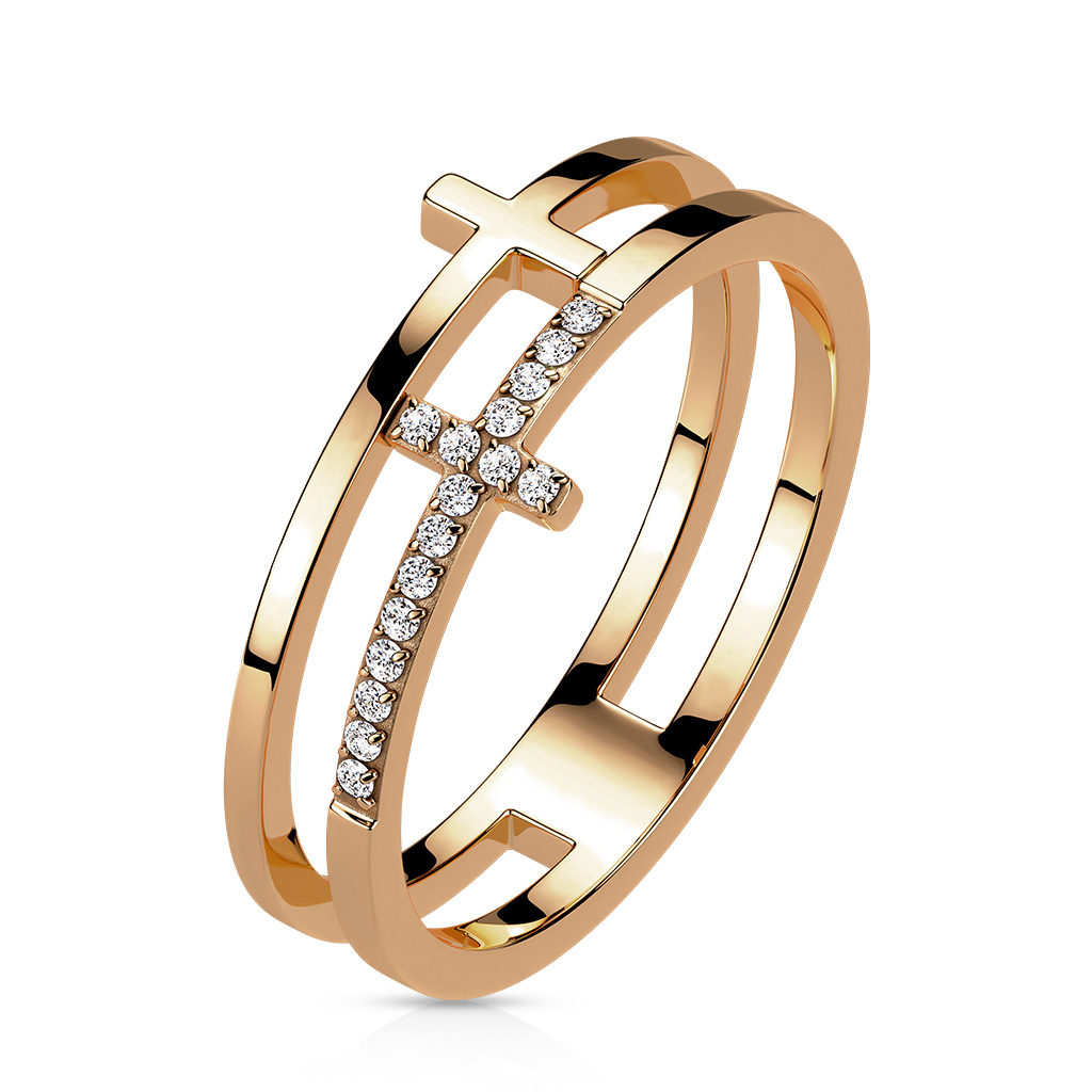 Šperky4U Dvojitý ocelový prsten s křížem - velikost 57 - OPR1871RD-57