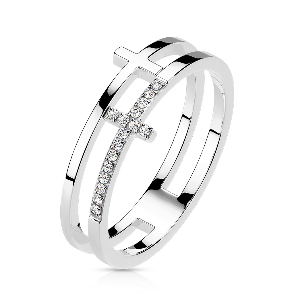 Šperky4U Dvojitý ocelový prsten s křížem - velikost 52 - OPR1871ST-52