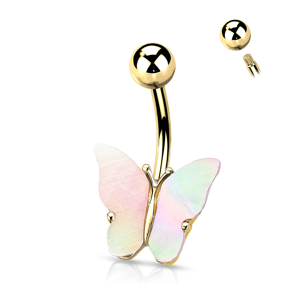 Šperky4U Zlacený piercing do pupíku motýl s perletí - WP01145-02
