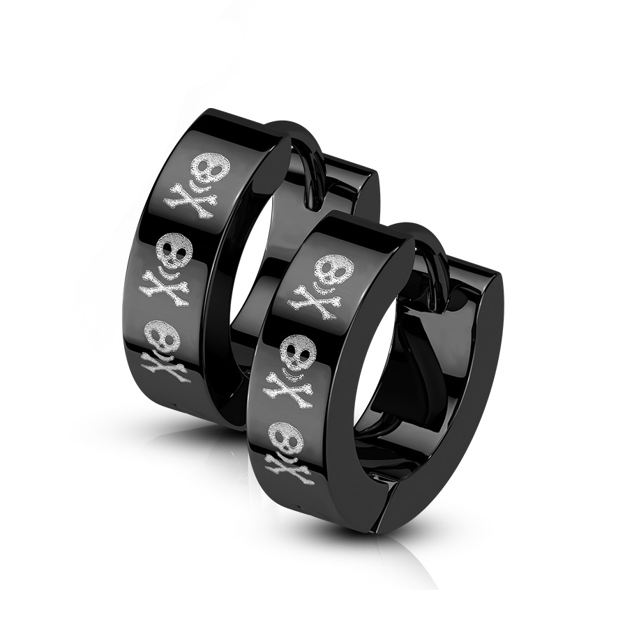 Šperky4U Černé ocelové náušnice - kroužky s lebkami - OPN1831