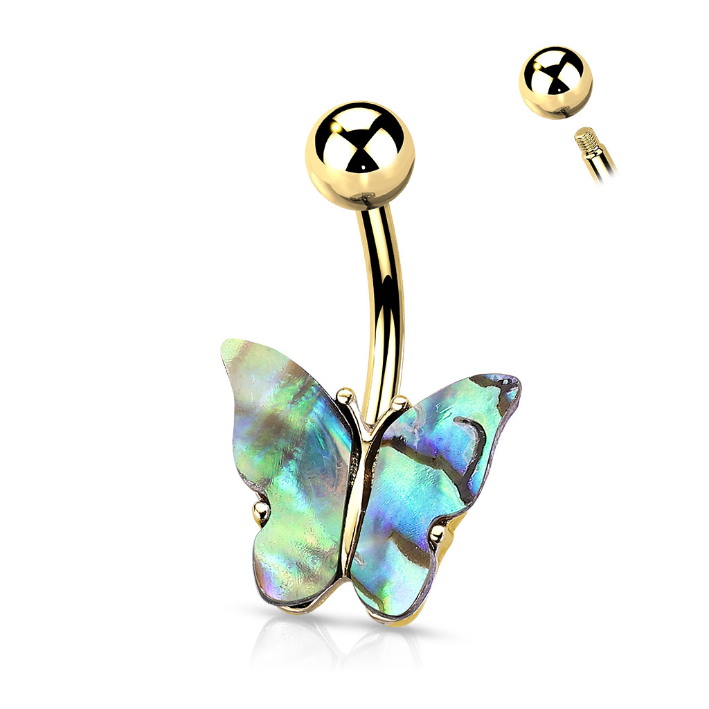 Pozlátený piercing do pupku motýľ s perleťou