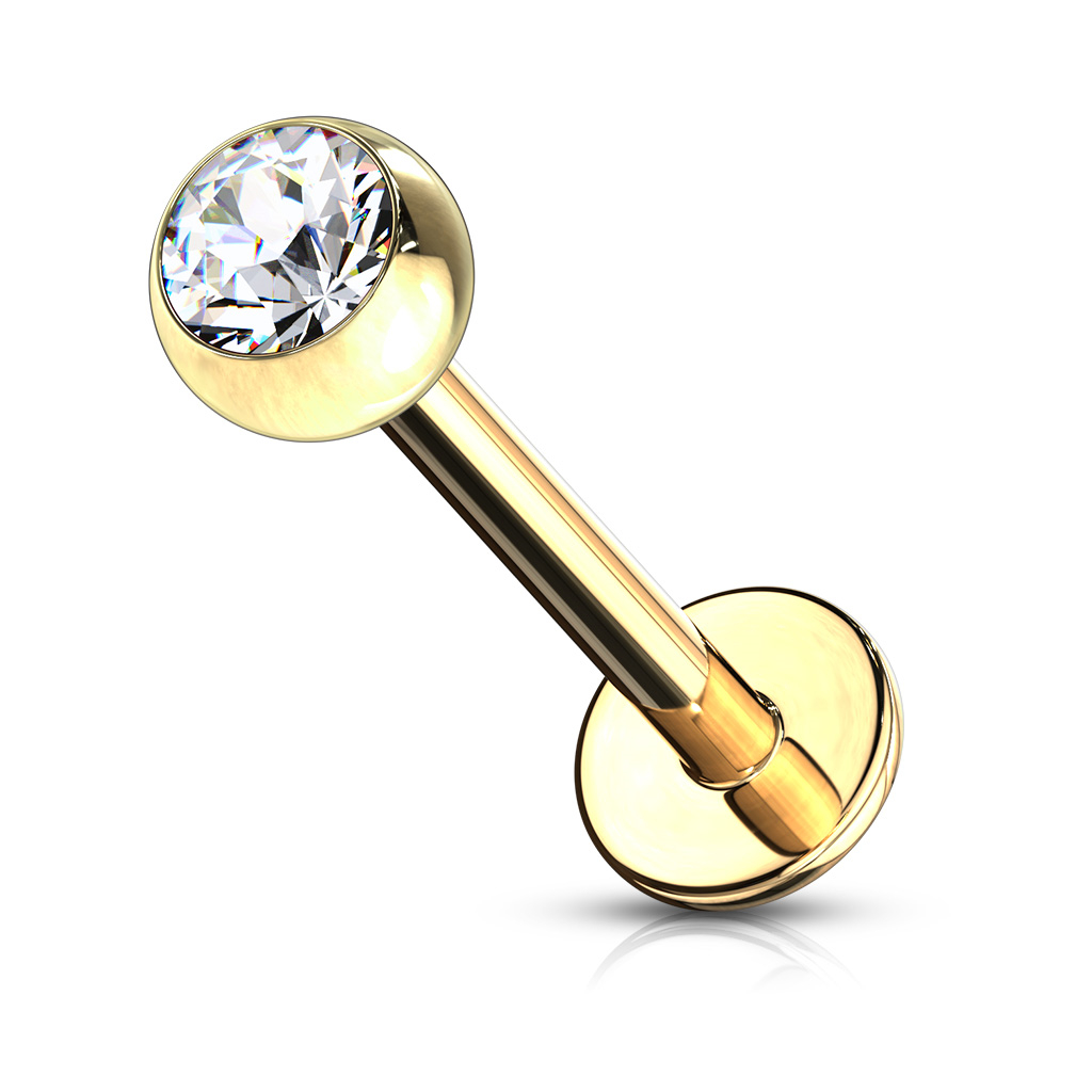Šperky4U Pozlacený piercing do brady - labreta 1,2 x 6 mm, čirý zirkon - LB1033C-1206