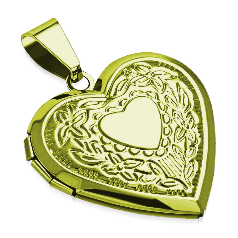 Pozlátený oceľový prívesok - medailón otvárací - srdiečko s ornamentmi