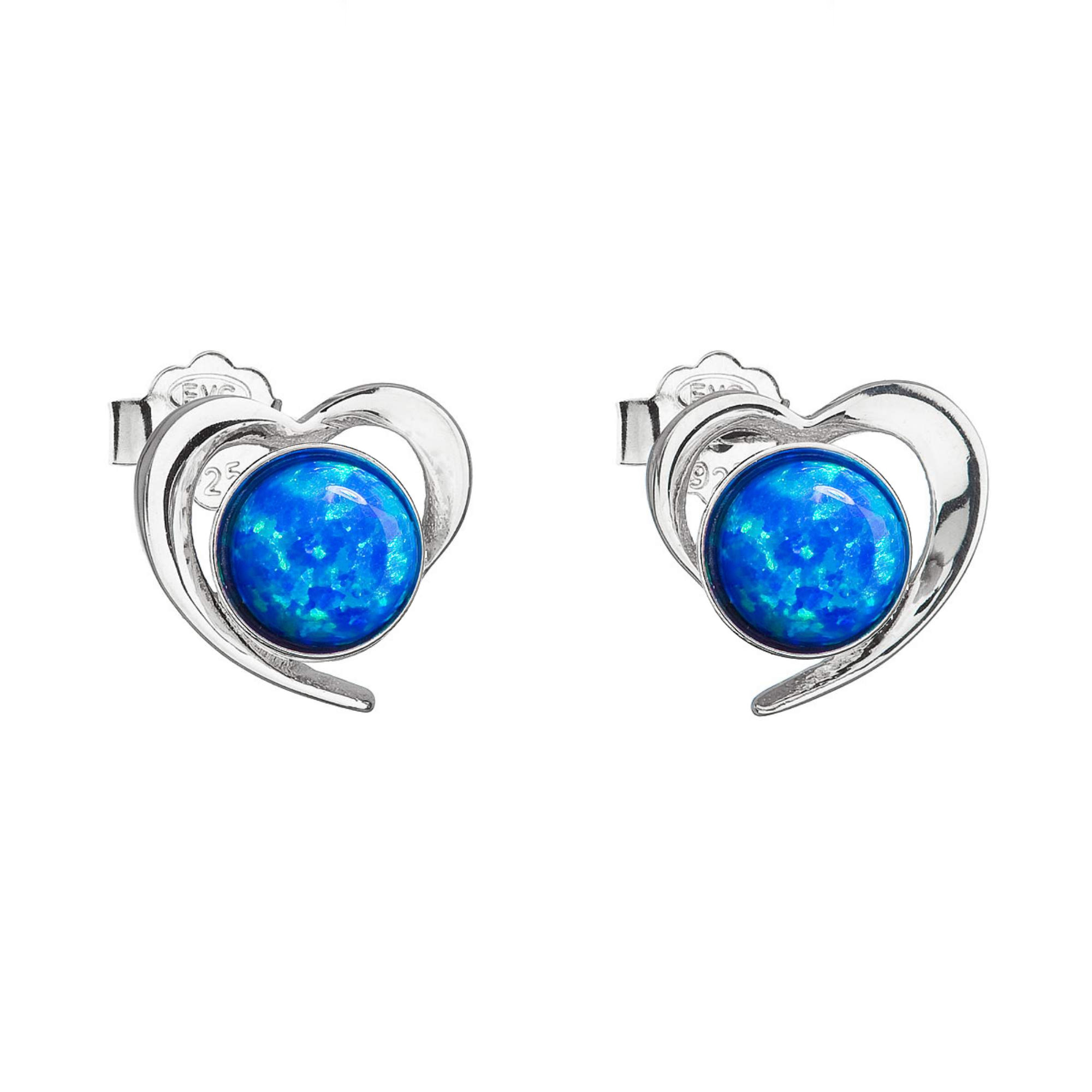 Strieborné náušnice srdca s modrým syntetickým opálom