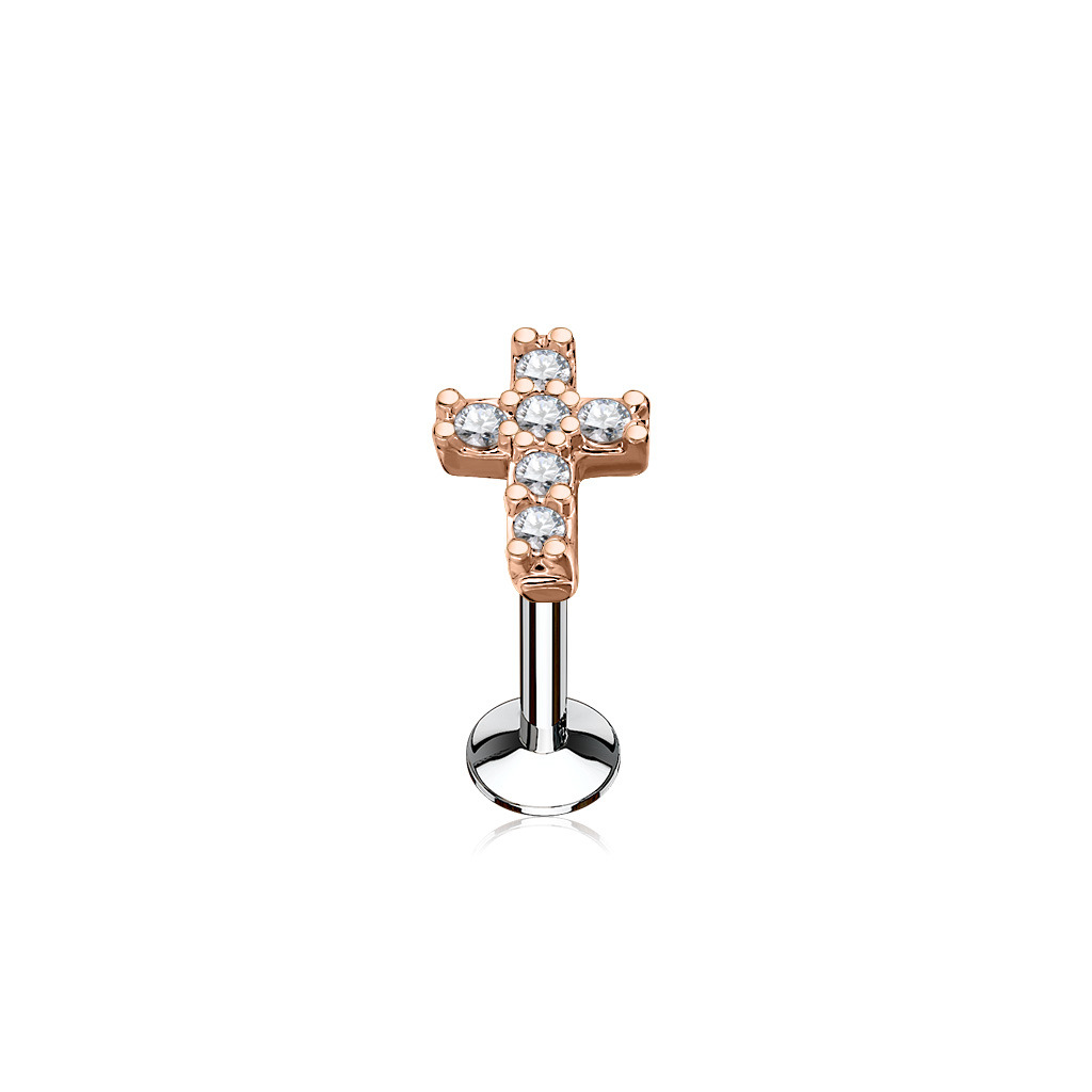Šperky4U Zlacený piercing do brady křížek 1,2 x 8 mm, čiré zirkony - LB0027RDC-1208