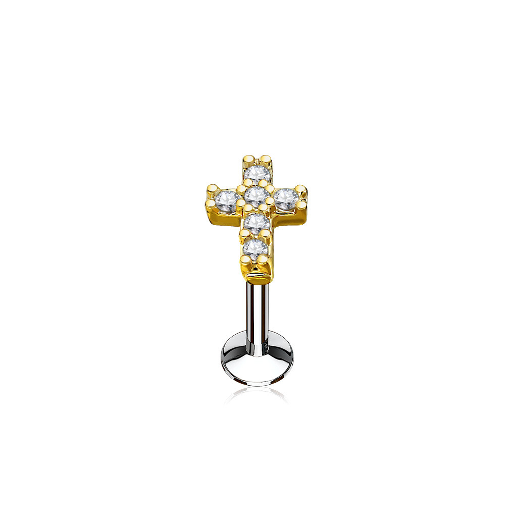 Šperky4U Zlacený piercing do brady křížek 1,2 x 6 mm, čiré zirkony - LB0027GDC-1206