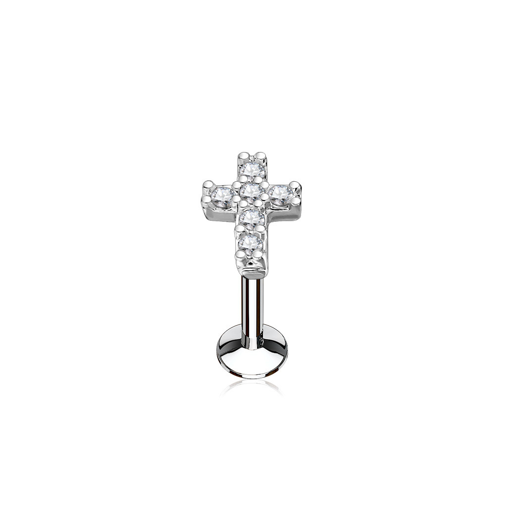 Šperky4U Piercing do brady křížek 1,2 x 8 mm, čiré zirkony - LB0027C-1208