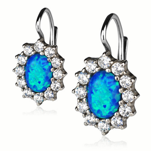 Šperky4U Stříbrné náušnice se zirkony a modrým opálem - ZB33705-OP05
