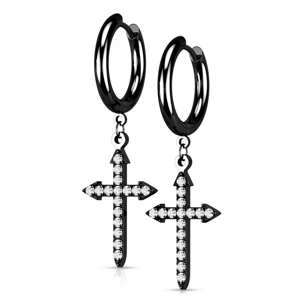 Šperky4U Černé ocelové náušnice s křížky - OPN1840-K