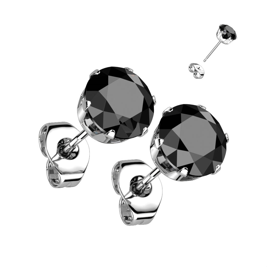 Šperky4U Ocelové náušnice - černé zirkony 6 mm - OPN1602