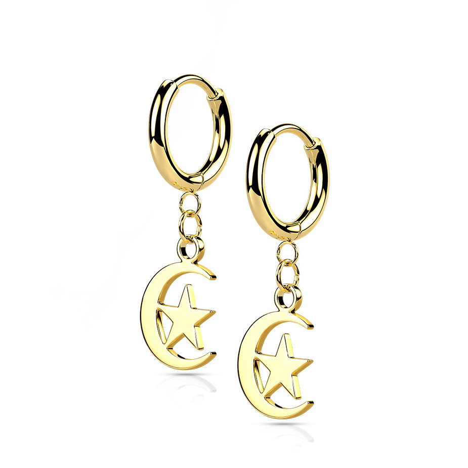 Šperky4U Zlacené ocelové náušnice - měsíc s hvězdou - OPN1823-GD