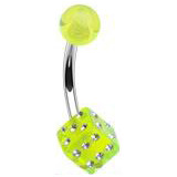 Piercing do pupíku - hrací kostka, svítivě zelená/čiré zirkony