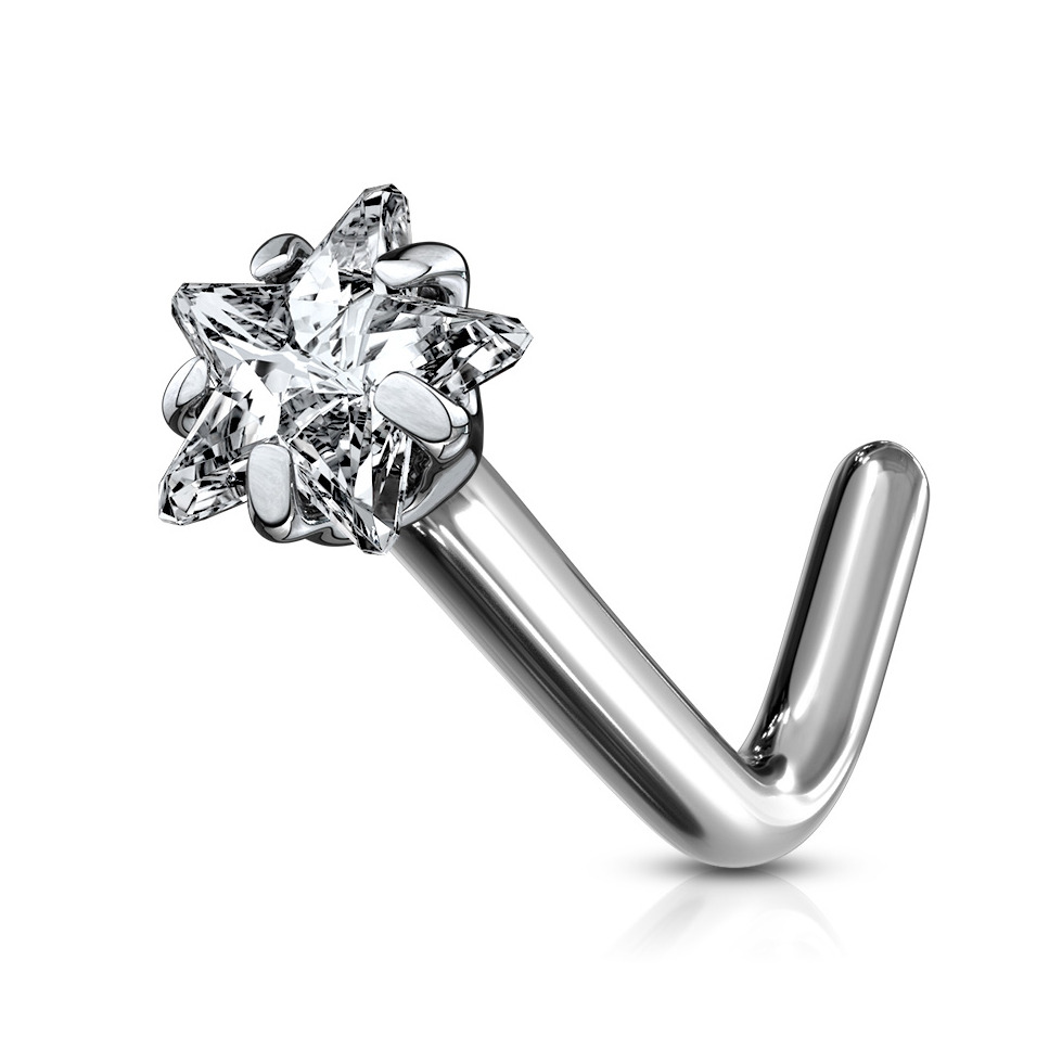 Šperky4U Zahnutý piercing do nosu - titan hvězda, čirý kamínek - TIT1041-C