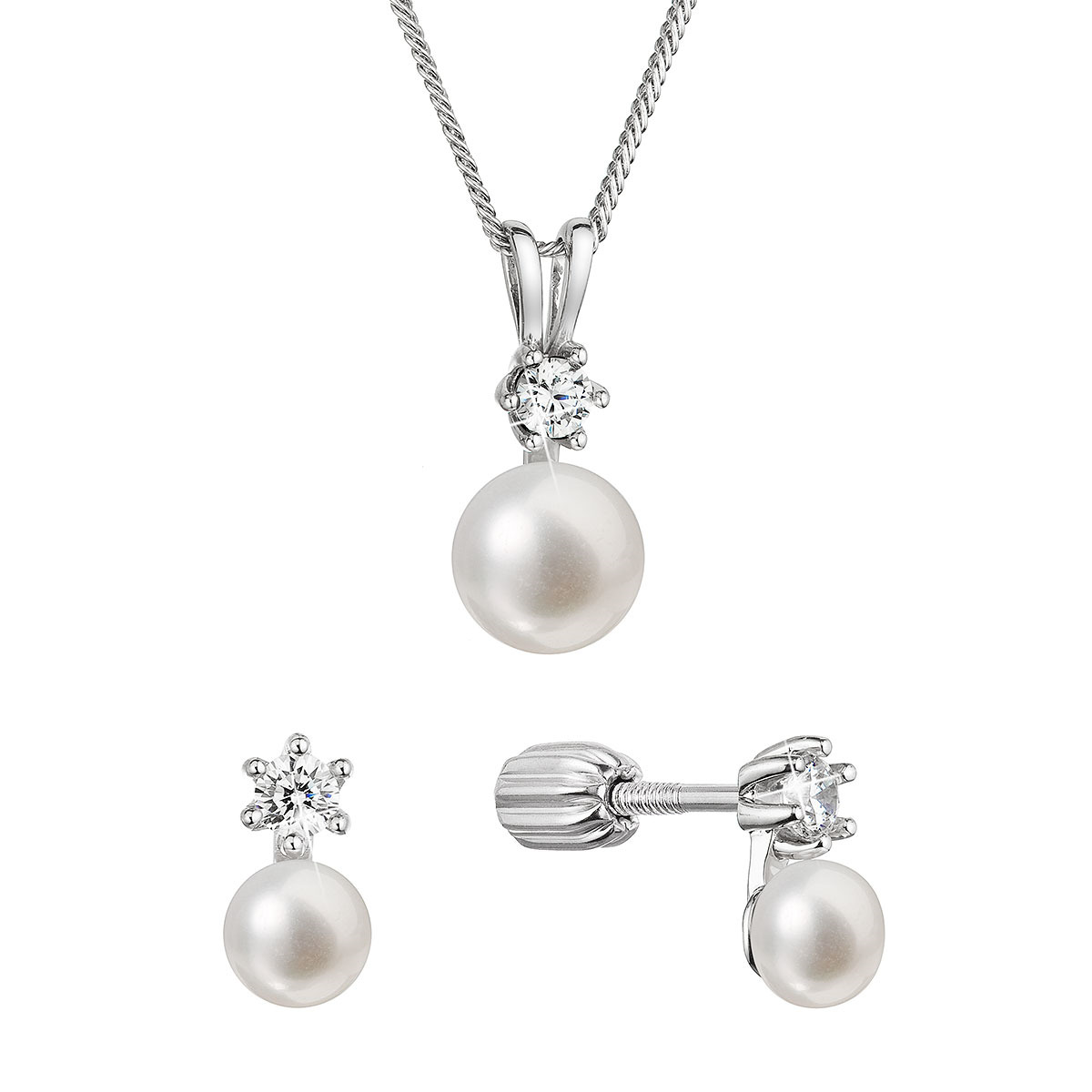 EVOLUTION GROUP CZ Stříbrná perlová souprava se zirkony a bílou říční perlou - 29073.1