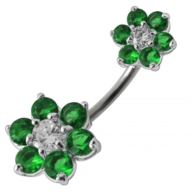 Šperky4U Stříbrný piercing do pupíku - kytičky, tmavě zelené zirkony - BP01109-E