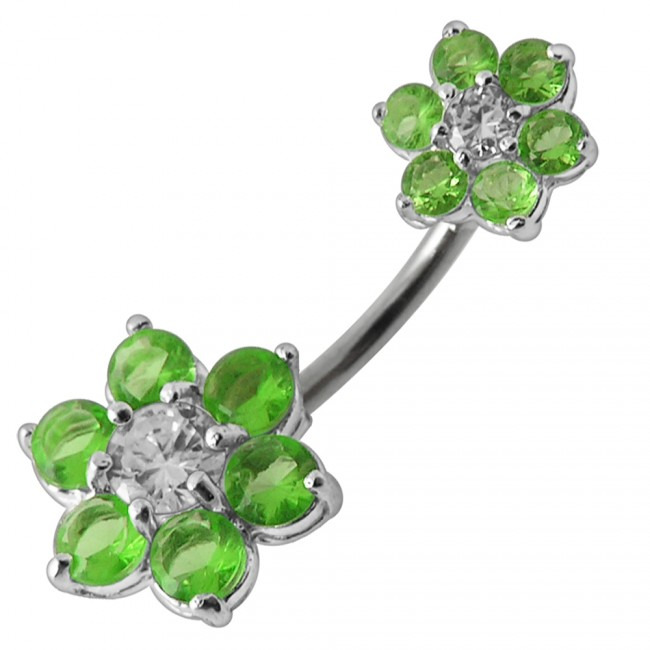 Šperky4U Stříbrný piercing do pupíku - kytičky, světle zelené zirkony - BP01109-G