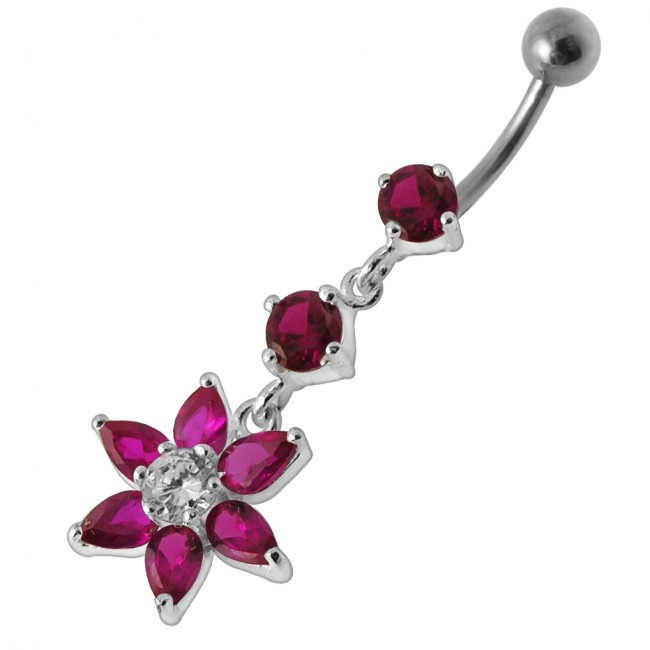 Šperky4U Stříbrný piercing do pupíku - kytička, tmavě růžové zirkony - BP01144-F