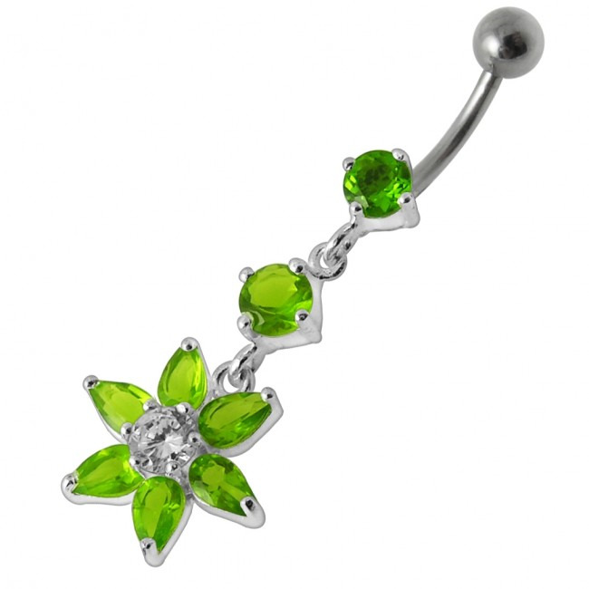 Šperky4U Stříbrný piercing do pupíku - kytička, světle zelené zirkony - BP01144-G