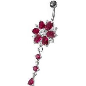 Šperky4U Stříbrný piercing do pupíku - kytička, tmavě růžové zirkony - BP01120-F