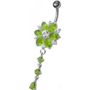 Šperky4U Stříbrný piercing do pupíku - kytička, světle zelené zirkony - BP01120-G