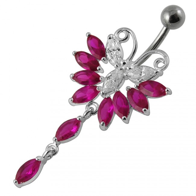 Šperky4U Piercing do pupíku - motýlek, tmavě růžové zirkony - BP01274-F