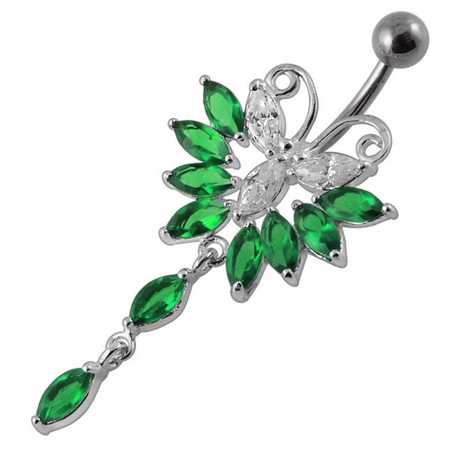 Šperky4U Piercing do pupíku - motýlek, tmavě zelené zirkony - BP01274-E