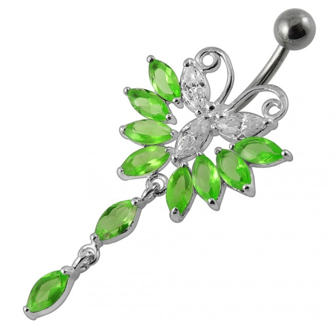 Šperky4U Piercing do pupíku - motýlek, světle zelené zirkony - BP01274-G