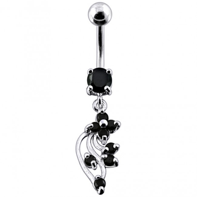 Šperky4U Stříbrný piercing do pupíku, černé zirkony - BP01113-K