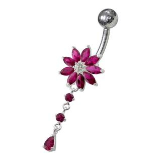 Šperky4U Stříbrný piercing do pupíku - kytička, tmavě růžové kamínky - BP01119-F