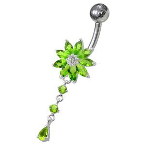 Šperky4U Stříbrný piercing do pupíku - kytička, světle zelené kamínky - BP01119-G