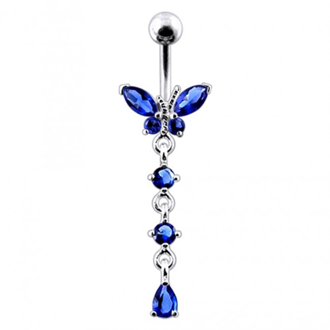 Šperky4U Stříbrný piercing do pupíku - motýlek, tmavě modré zirkony - BP01302-B