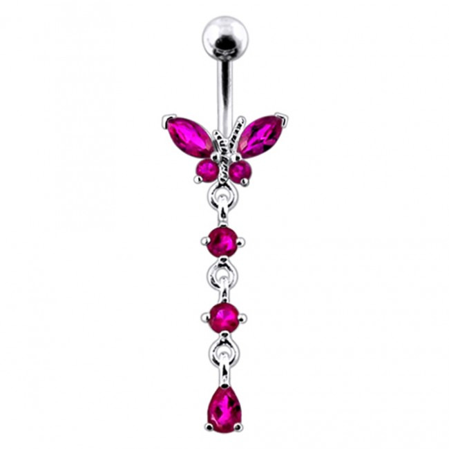 Šperky4U Stříbrný piercing do pupíku - motýlek, tmavě růžové zirkony - BP01302-F