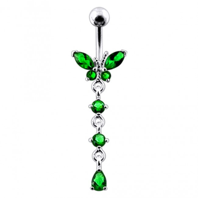 Šperky4U Stříbrný piercing do pupíku - motýlek, tmavě zelené zirkony - BP01302-E