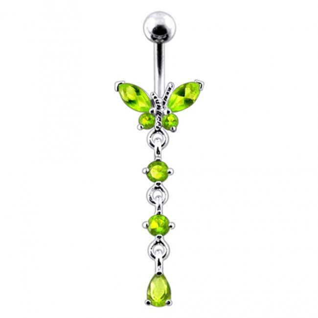 Šperky4U Stříbrný piercing do pupíku - motýlek, světle zelené zirkony - BP01302-G