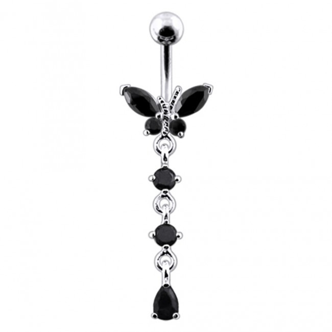 Šperky4U Stříbrný piercing do pupíku - motýlek, černé zirkony - BP01302-K