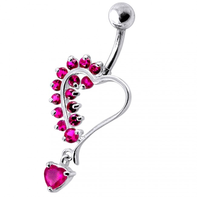 Šperky4U Stříbrný piercing do pupíku - srdíčko, tmavě růžové zirkony - BP01312-F