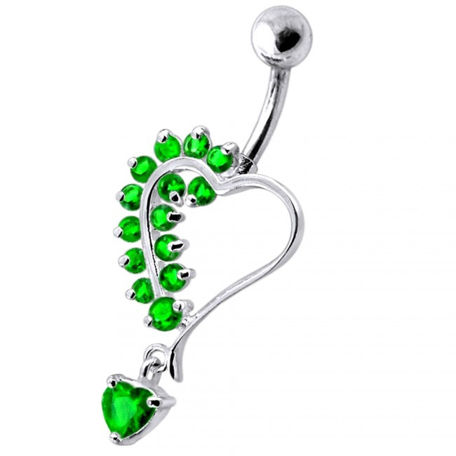 Šperky4U Stříbrný piercing do pupíku - srdíčko, tmavě zelené zirkony - BP01312-E