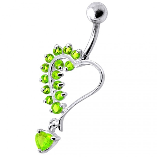 Šperky4U Stříbrný piercing do pupíku - srdíčko, světle zelené zirkony - BP01312-G