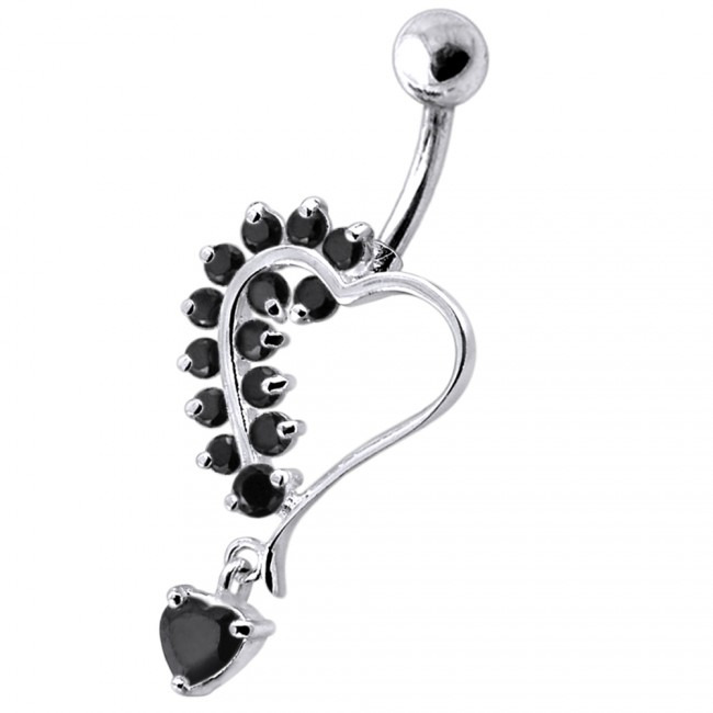 Šperky4U Stříbrný piercing do pupíku - srdíčko, černé zirkony - BP01312-K