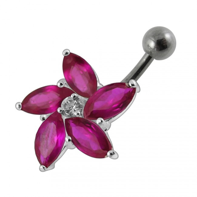 Šperky4U Stříbrný piercing do pupíku - kytička, tmavě růžové zirkony - BP01159-F