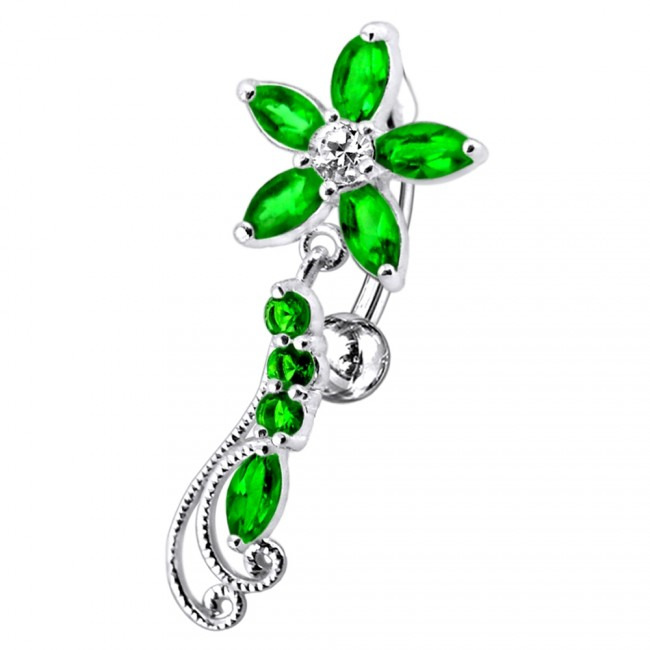 Šperky4U Stříbrný piercing do pupíku, tmavě zelené zirkony - BP01194-E