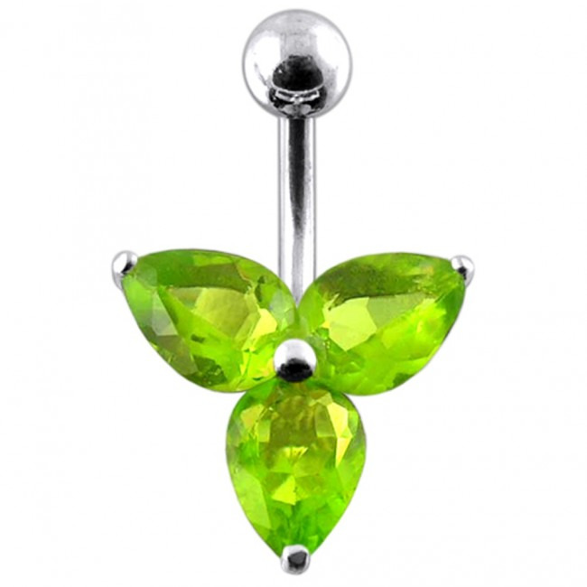 Šperky4U Stříbrný piercing do pupíku - kytička, světle zelené zirkony - BP01023-G