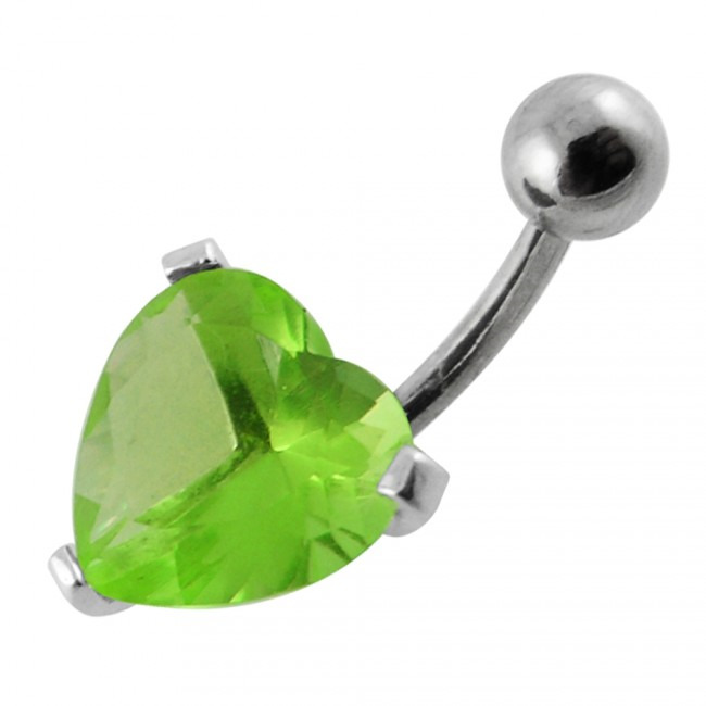 Šperky4U Stříbrný piercing do pupíku - srdíčko, světle zelený zirkon - BP01012-G