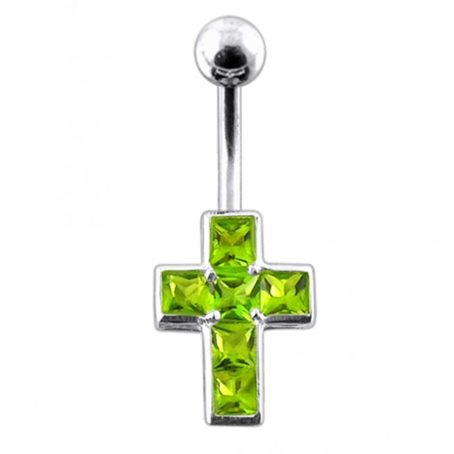 Šperky4U Stříbrný piercing do pupíku - křížek, světle zelené zirkony - BP01015-G