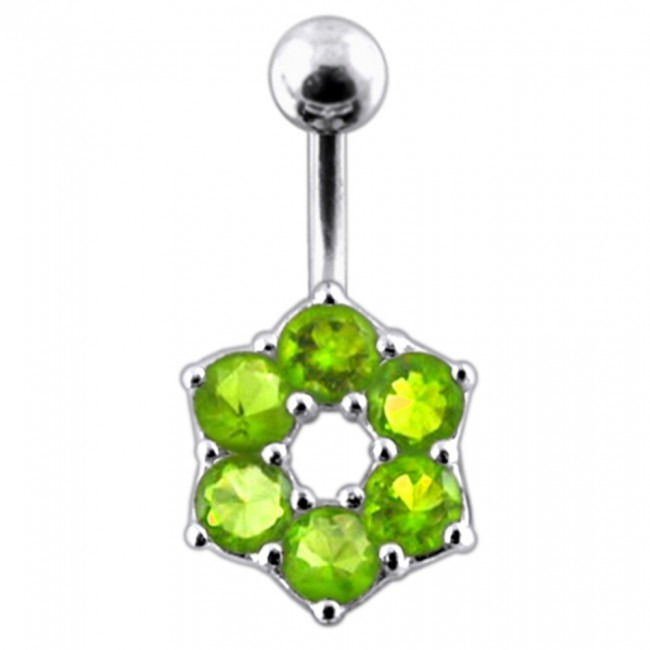 Šperky4U Stříbrný piercing do pupíku - kytička, světle zelené zirkony - BP01016-G